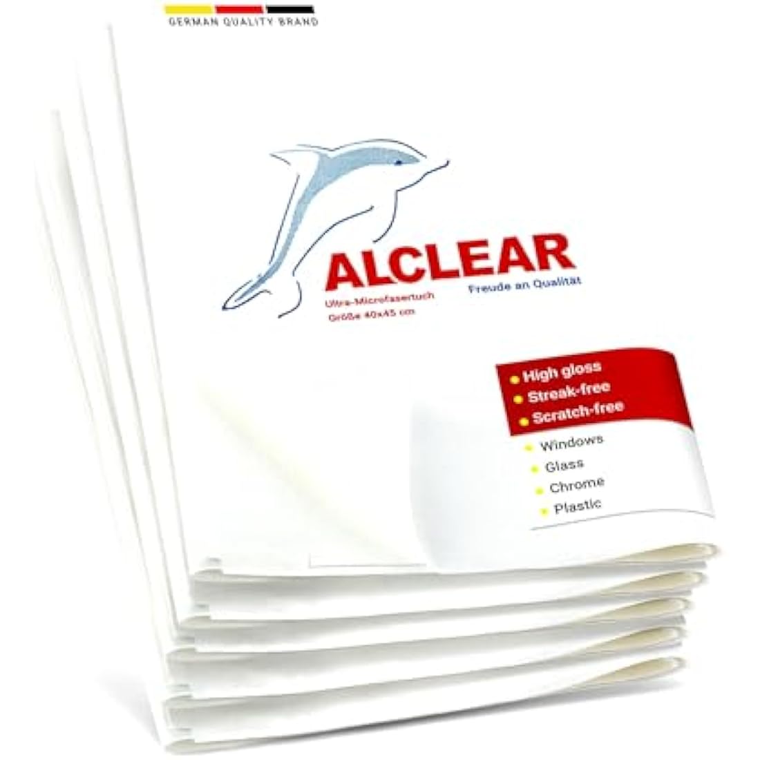 ALCLEAR Microfiber Glass Cloth Set - Pack of 5 Window Cloths 40x45 cm, streak-free glass cloths - lint-free, saves time without drying - designed in Germany - for household & car windows.