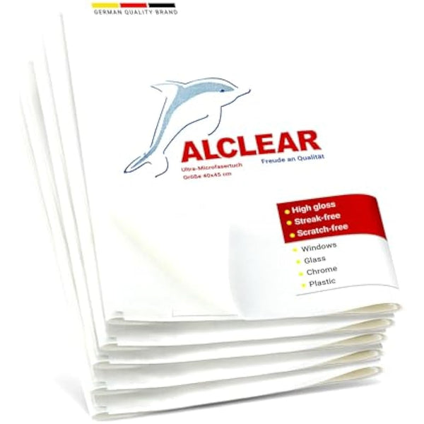 ALCLEAR Microfiber Glass Cloth Set - Pack of 5 Window Cloths 40x45 cm, streak-free glass cloths - lint-free, saves time without drying - designed in Germany - for household & car windows.