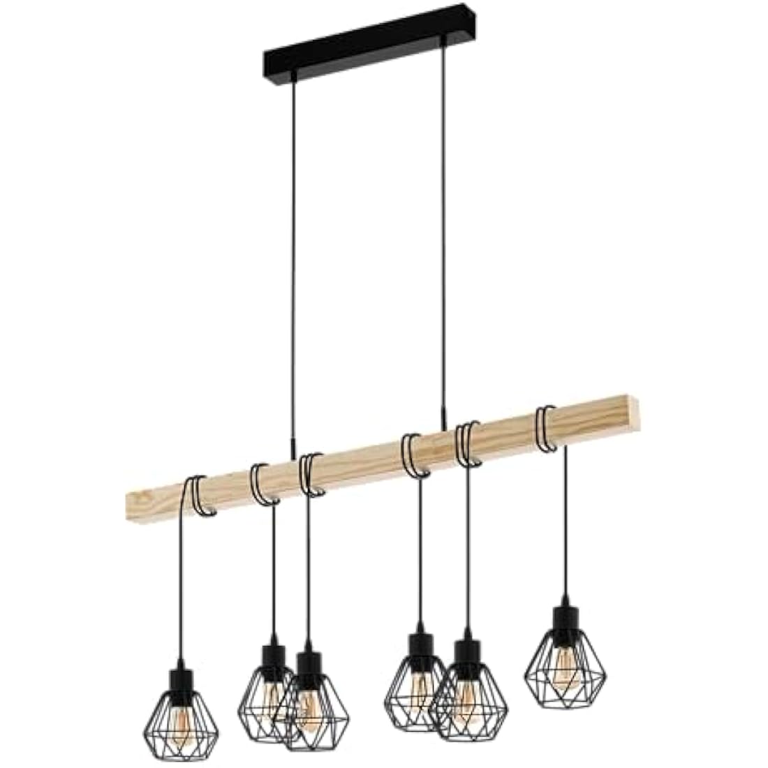 Eglo Pendant lighting Townshend 5, 6 light vintage hanging lamp in industrial design, retro ceiling light made of black metal and natural wood, FSC certified, E27
