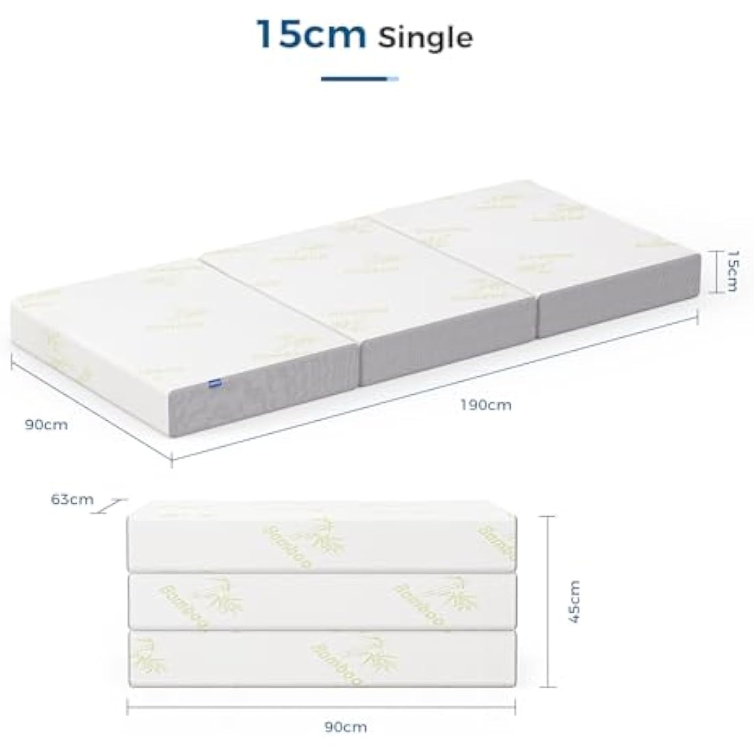 Inofia Folding Mattress Single, 15cm Foldable Memory Foam Mattress with Removable Cover, Guest Trifold Mattress Single Size, Bed in a Box, 100-Night Trial(90x190x15cm)