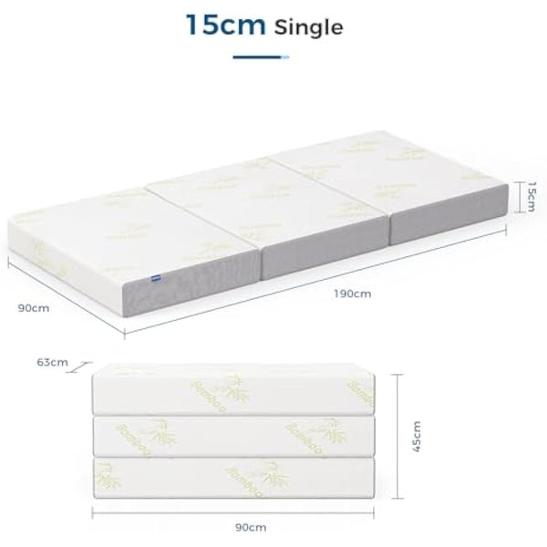 Inofia Folding Mattress Single, 15cm Foldable Memory Foam Mattress with Removable Cover, Guest Trifold Mattress Single Size, Bed in a Box, 100-Night Trial(90x190x15cm)