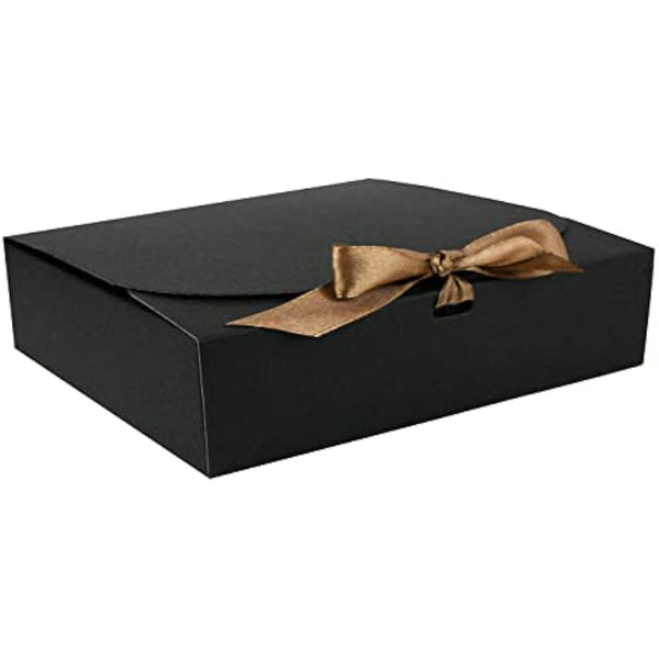 Emartbuy Pack of 12 Rectangle Shaped Presentation Gift Box, 24 cm x 19.5 cm x 7 cm, Easy Assembly, Black Kraft Box with Bow Ribbon