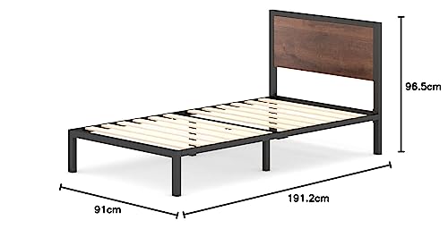 Zinus Mory Single Bed frame - Bed 90x190 cm - 30 cm Height - Metal and Wood Platform Bed frame with Wood slat support - Brown and Black