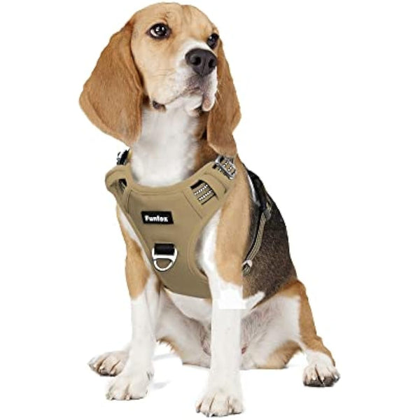 Funfox Dog Harness Medium No Pull, Adjustable 2 Clips Anti-Pull Vest with Practical Handle, Breathable Padded Pet Harness Designed for Small/Large Breeds, Reflective Training Walking Brown M