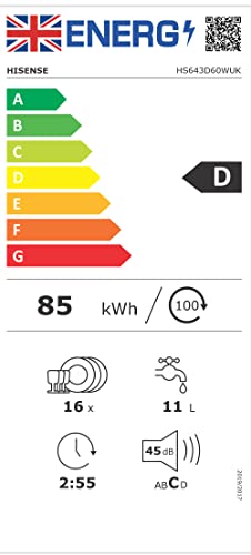 Hisense HS622E90WUK Freestanding Standard Dishwasher 85cm High - E Rated, White, 24 x 23 x 33 inches (L x W x H) [Energy Class E]
