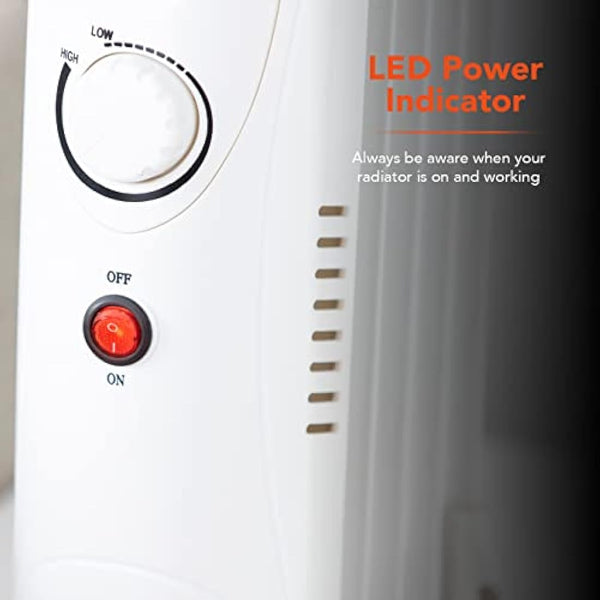 Warmlite WL43002YW 5 Fin Oil Filled Radiator with Adjustable Thermostat and Overheat Protection, 650W, White