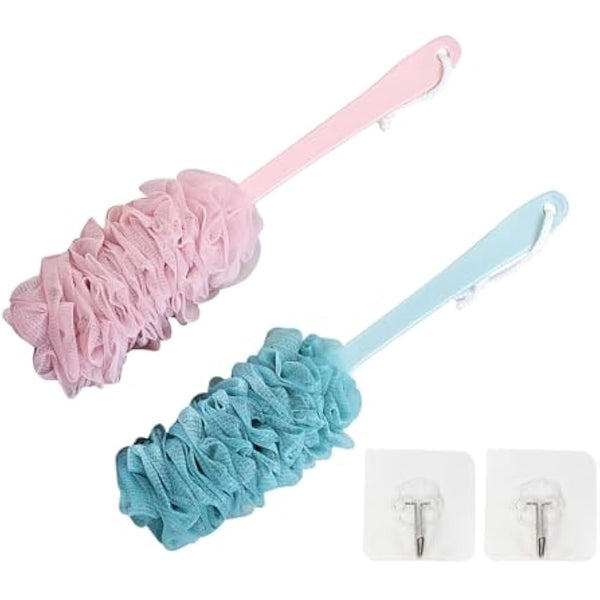 2 Pack Loofah Bath Brush with Long Handle Bath Shower Back Scrubber Body Brush for Men and Women Pink and Blue