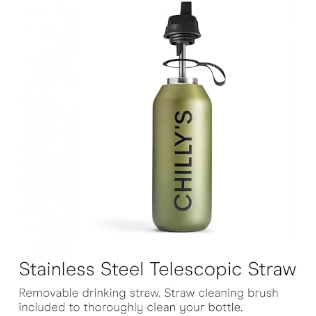 Chilly's Series 2 Flip Water Bottle with Sports Lid, Telescopic Straw and Nylon Carry Loop - Easy Flip Lid, Straw Cleaning Brush Included