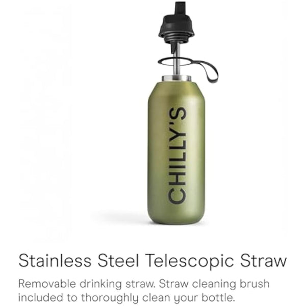 Chilly's Series 2 Flip Water Bottle with Sports Lid, Telescopic Straw and Nylon Carry Loop - Easy Flip Lid, Straw Cleaning Brush Included