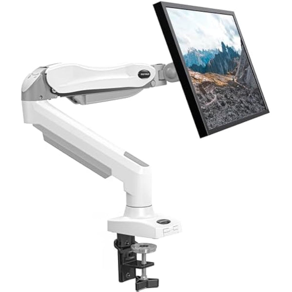 HUANUO Single Monitor Arm, 13 to 32 Inch White Monitor Mount, Adjustable Arm Fits 19.8lbs Computer Screens, 75 & 100mm Vesa Mount with Clamp and Grommet Base