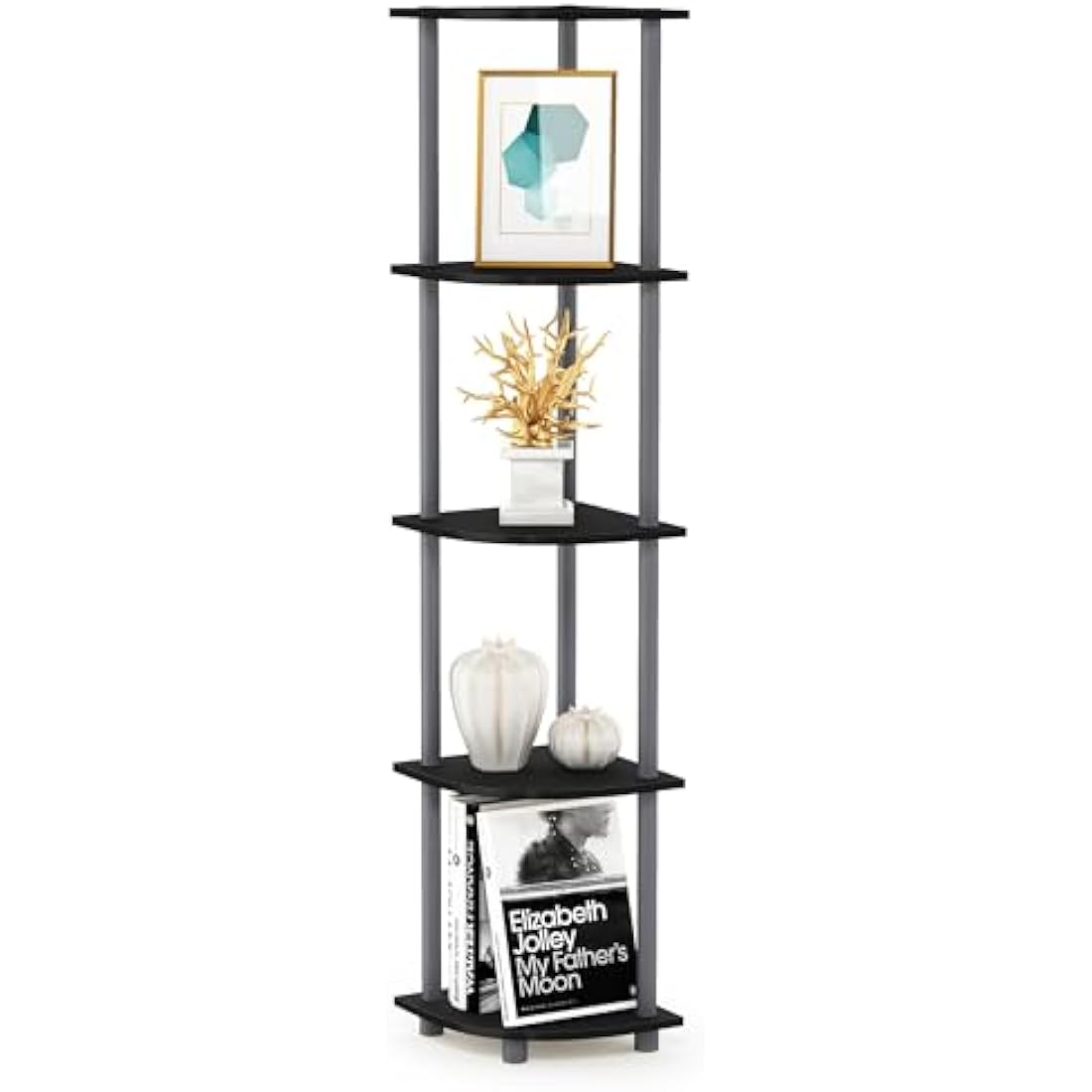 Furinno Turn-N-Tube 5 Tier Corner Display Rack Multipurpose Shelving Unit, Black/Grey