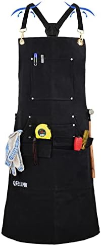 QeeLink Work Apron with 10 Tool Pockets, Woodworking Fireproof Canvas Apron for Carpenter, Adjustable M to XXXL Cross back Tools Apron, Black