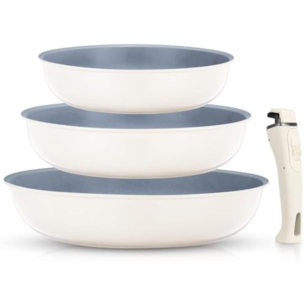 FOHERE Nonstick Frying Pan Set with Detachable Handle, 3PCS 20 24 28 CM CM Non Toxic Diamond Ceramic Pan, Oven Safe Skillets and Frying Pans, Compatible with All Stoves(Induction), Grey