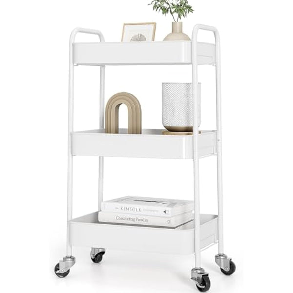 KINGRACK 3 Tier Metal Storage Trolley on Wheels, Beauty Book Craft Tea Art Trolley for Home Bathroom Kitchen Laundry, No screws needed Easy Rolling Utility Cart Mobile Storage Shelving Organizer