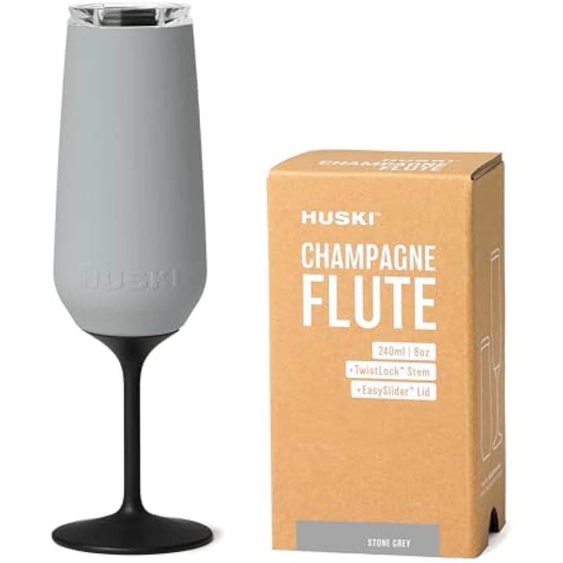 Huski Champagne Flute | New | Award-Winning Design with Detachable Stem | Premium Stainless Steel Champagne Glass with Lid | Triple Insulated Tumbler | 240ml Capacity | Great Gift (Stone Grey)
