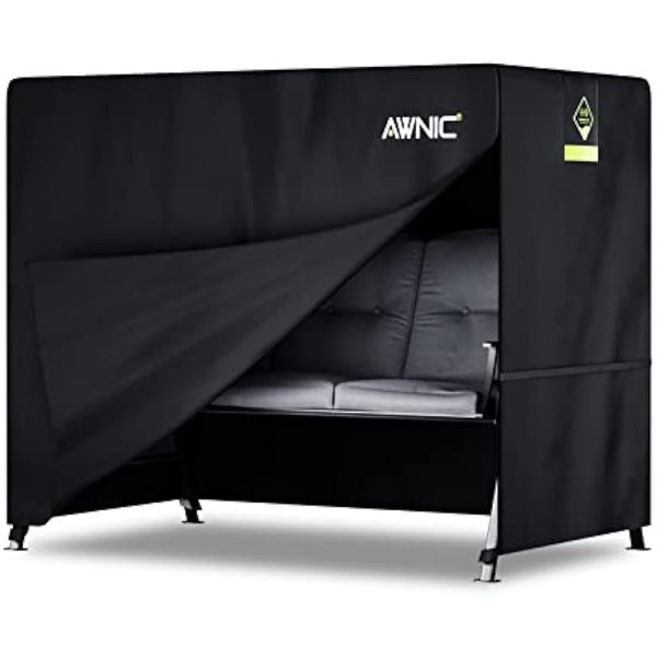 AWNIC 3 Seater Garden Swing Seat Cover Waterproof, 420D Swing Chair Covers Windproof Anti-UV Heavy Duty Fabric Large Outdoor Garden Hammock Cover with Zips 210x125x170cm Black