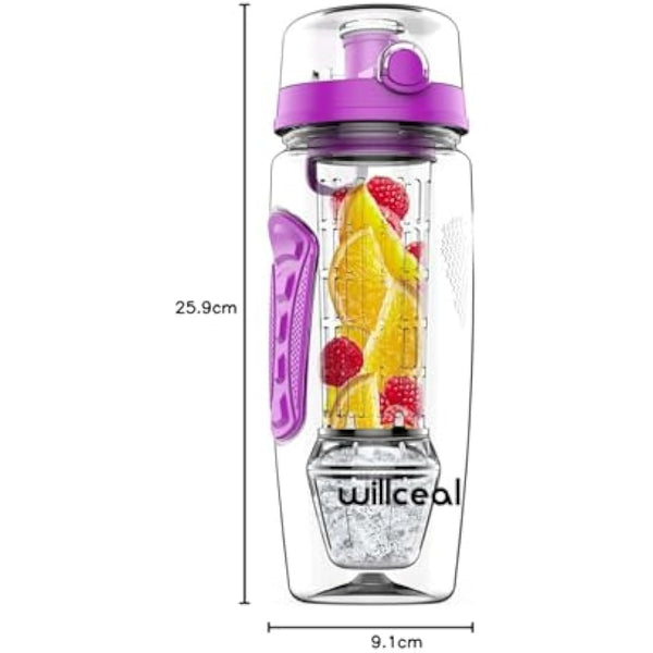 Fruit Infuser Water Bottle 32oz Durable with Detachable Ice Gel Ball,Large - BPA Free Tritan, Flip Lid, Leak Proof Design - Sports, Camping (Purple)
