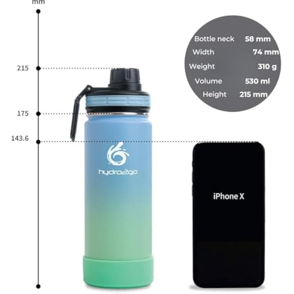 hydro2go Stainless Steel Water Bottle – BPA-Free Bottle for Kids, School, Sports & Outdoor – Keeps Drinks Hot for up to 12H and Cold for up to 24H – Includes 3 Drinking Caps – 530ml (Lagoon)