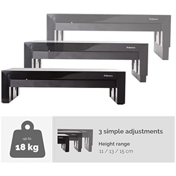 Fellowes Designer Suites Monitor Stand - 3 Height Adjustable Monitor Riser for Desk with Storage Space - Ergonomic Computer Stand for Laptops, Computers, iMac, PC, Notebook - Max Weight 18kg - Black