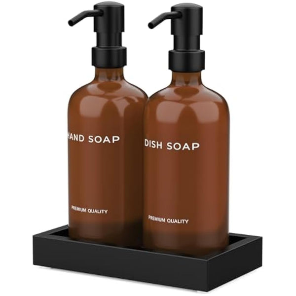 Amber Kitchen Soap Dispenser Set with Tray - Hand and Dish Soap Dispenser for Kitchen,Modern Kitchen Decor & Accessories. (Amber)