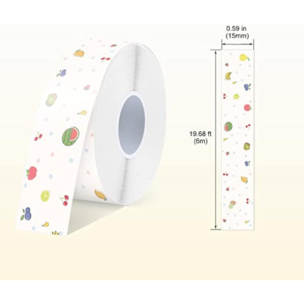 SUPVAN E10 & E11 & E16 Label Maker Tape, 15mm × 6m Genuine Continuous Laminated Thermal Label Tape Refill, Waterproof Oilproof Child-Safe Durable Auto Detect Labels, Black on Fruit