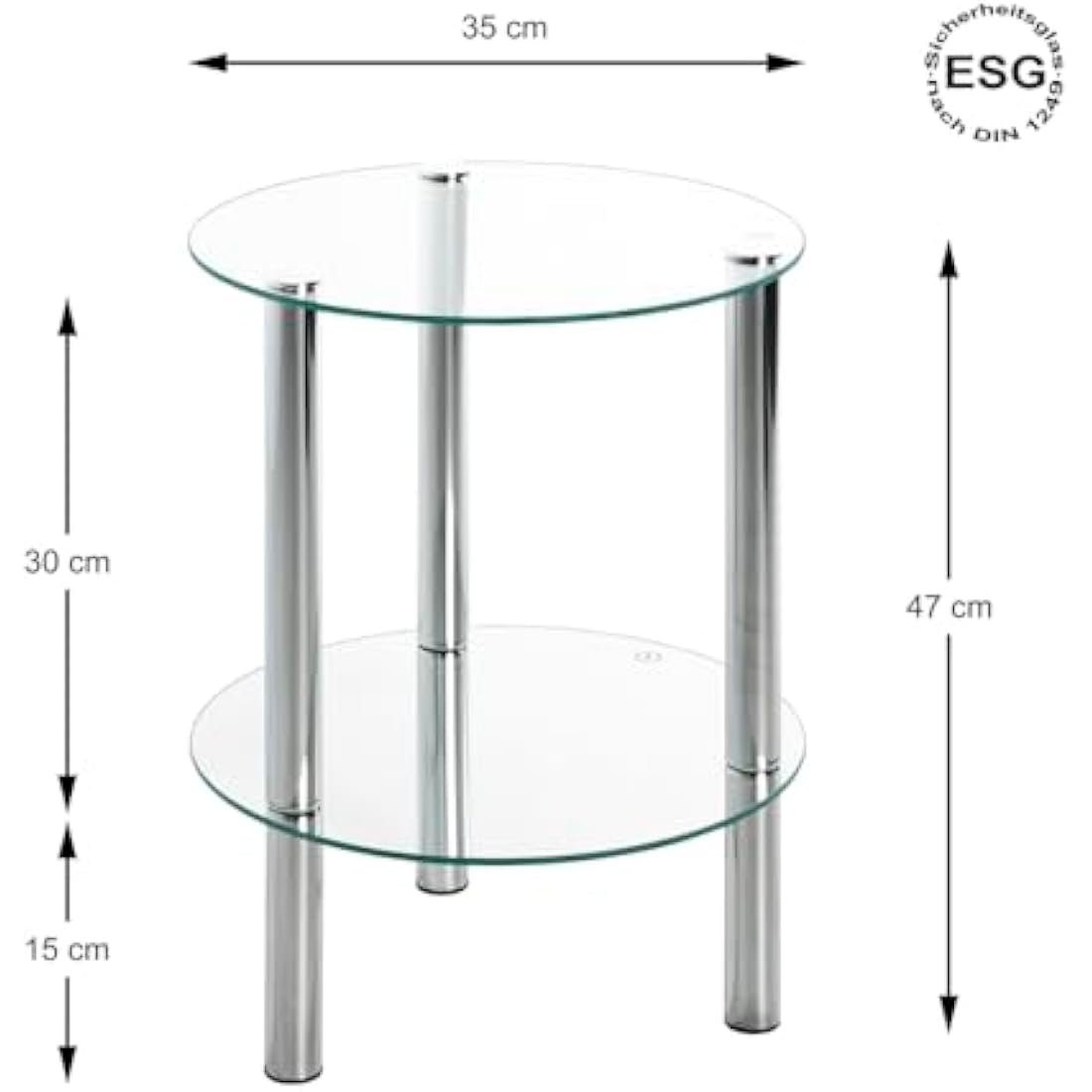 HAKU Möbel End Table Chrome, Metal, Tempered Glass - Size: H 47 cm X Ø 35 cm, Style: Modern