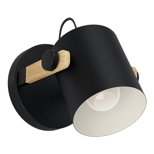 Eglo Infoor Wall Light Hornwood, Vintage Wall lamp in Industrial Design, Retro Lighting Made of Steel and Wood, Colour Black, Cream, Brown, Socket