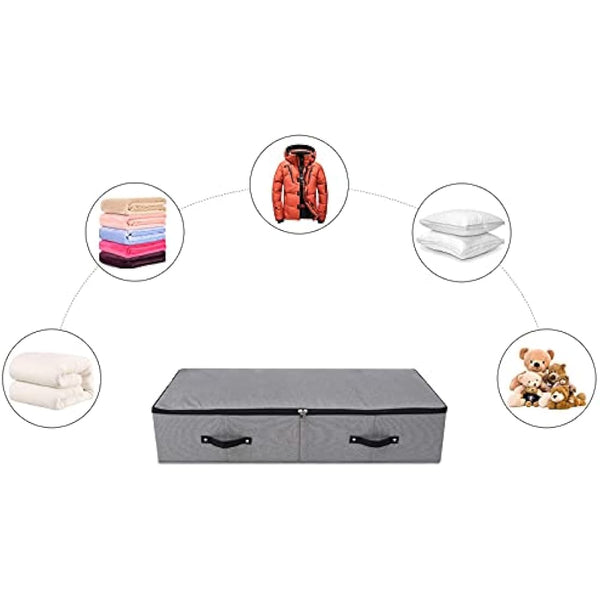 Foldable Under Bed Storage Box with Plastic Support Liner, 6 Handles, Zipper Lid, Blankets Clothes Comforters Storage Bin Organizer for Bedroom and Closet, 90×42×18cm, Black Grey