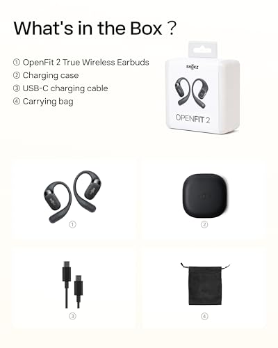 SHOKZ OpenFit 2 Open-Ear Headphones, True Wireless Bluetooth Earphones with Microphone, Earhook Earbuds with 48 Hours of Playtime, USB-C Fast Charging, IP55 Water-Resistant, with Carrying bag, Black