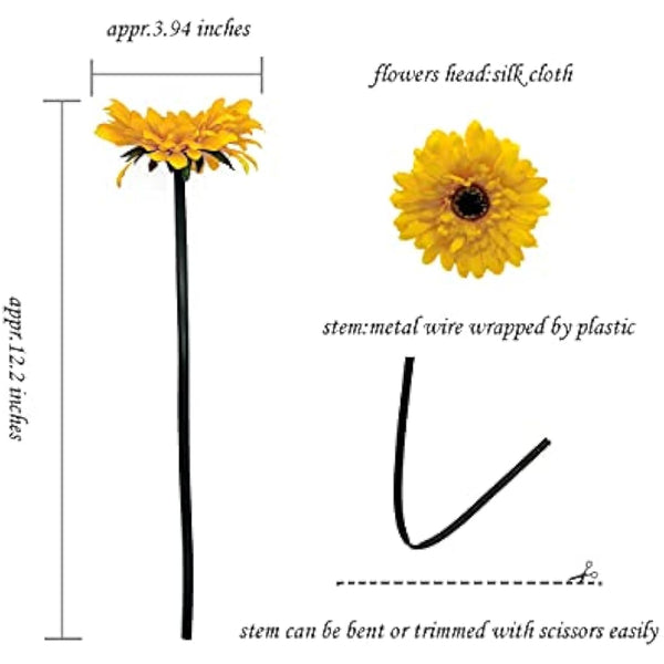 HASWITDA 12PCS Artificial Gerbera Flower Single Stem Bloom Bouquet Plastic Silk Fake Decorative Flora Outdoor Indoor Home Garden Office Hotel Wedding Party Yellow