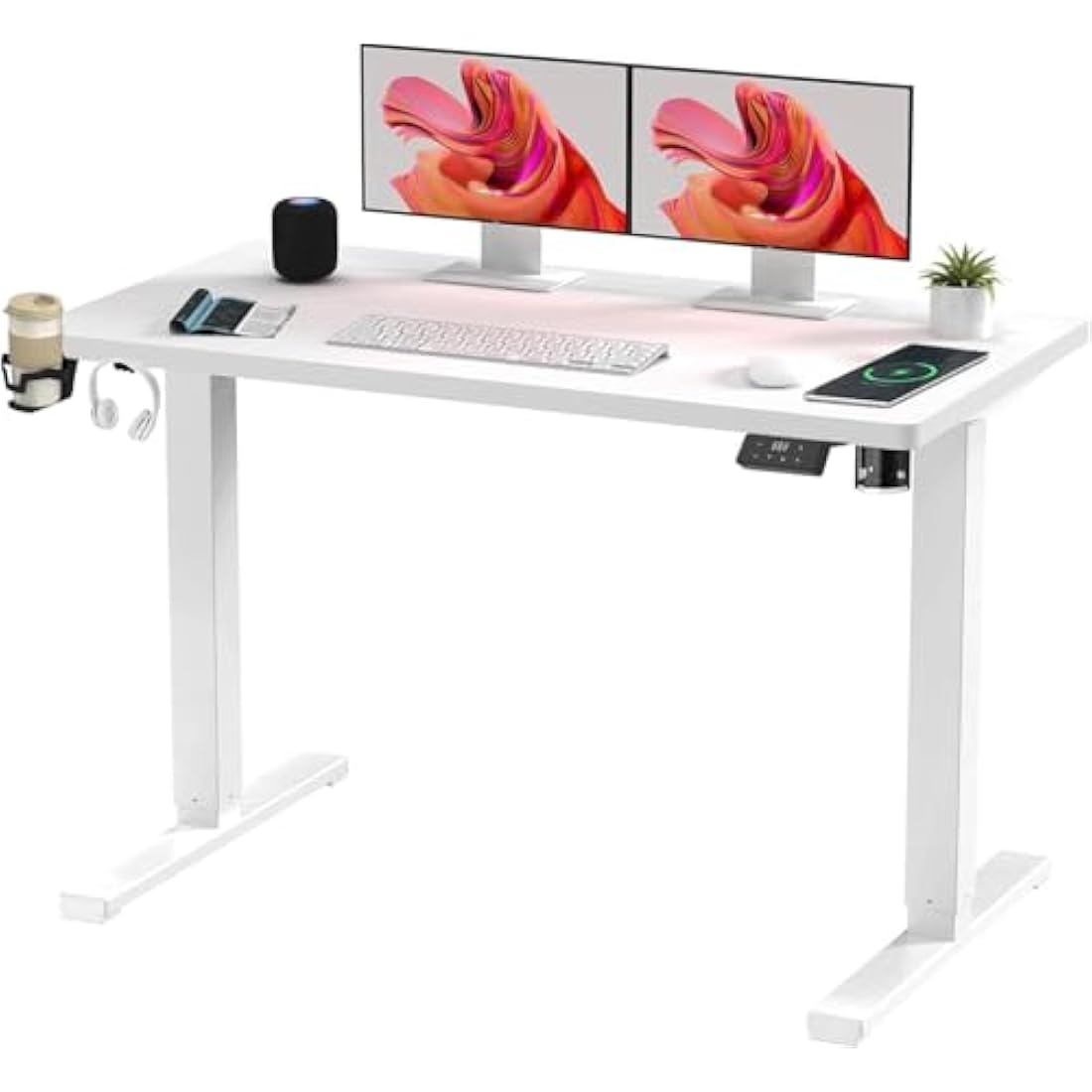SANODESK QS+110 * 60 Electric Standing Desk ONE PIECE Height Adjustable Standing Desk With Memory Smart Panel Sit Stand Table Adjustable Desk Stand Up Desk for Home Office(White Frame+ White Desktop)