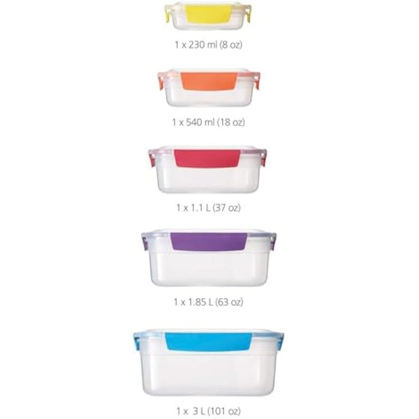Joseph Joseph Nest Lock, 5 Piece Plastic Food Kitchen Storage Container set with lids, Leak Proof, Airtight, Space Saving, BPA free- Multicolour
