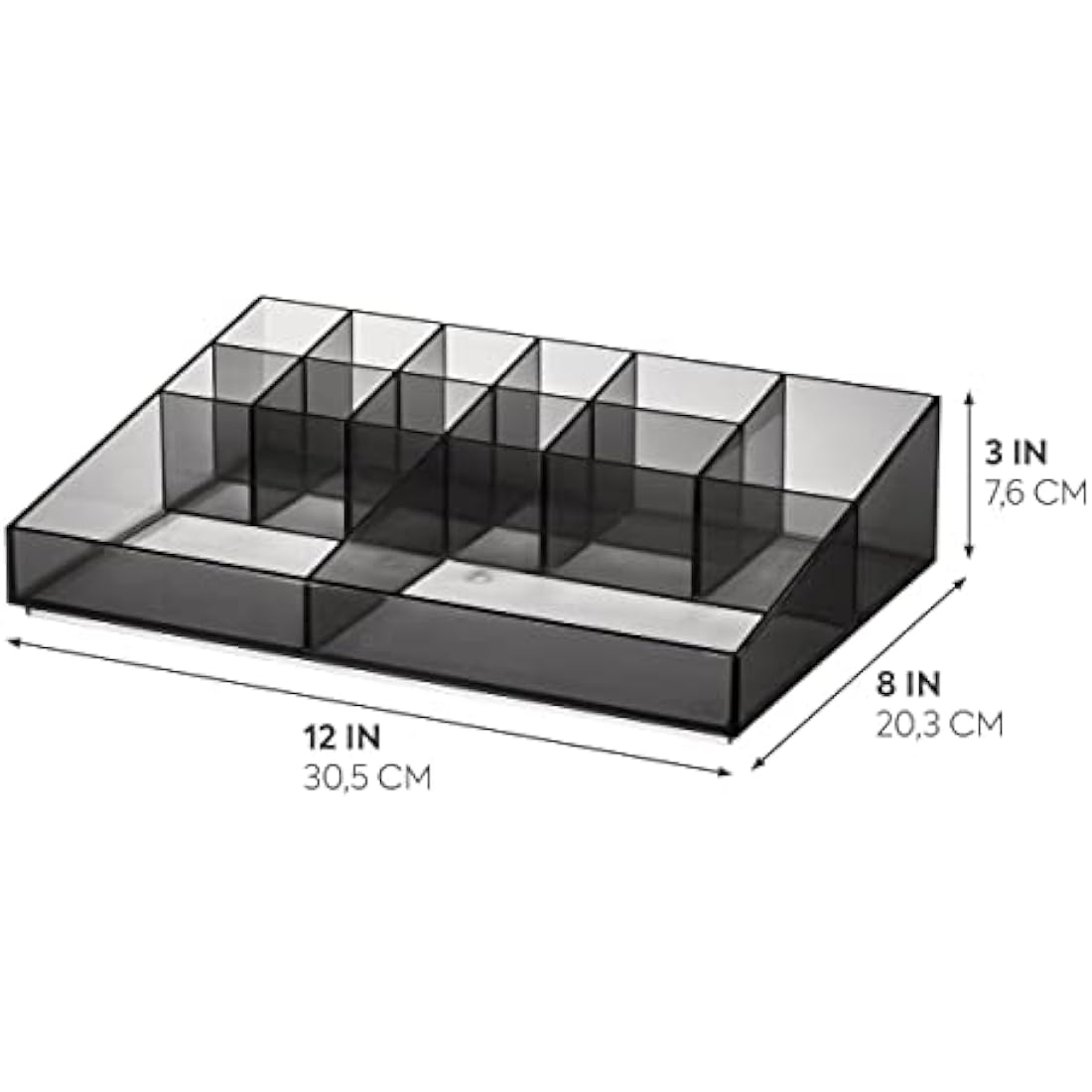 iDesign 13-Compartment Makeup Organiser from the Signature Series by Sarah Tanno, RPET Cosmetics Storage Unit, Makeup Brush Holder, Smoke/Matte Black, 30.48/20.32/7.47