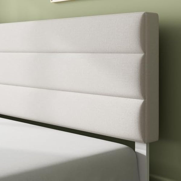 ZINUS Piper King Bed Frame – Bed 150 x 200 cm – 30cm Height – Upholstered platform bed frame with Headboard – Wooden slat support – Off White