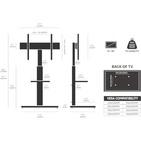 FITUEYES White TV Floor Stand for 32 to 60 inch TVs, Floor Standing TV Stand with Adjustable Shelf, Swivel Bracket, Height Adjustable, Holds 30kgs, Max VESA 600x400mm