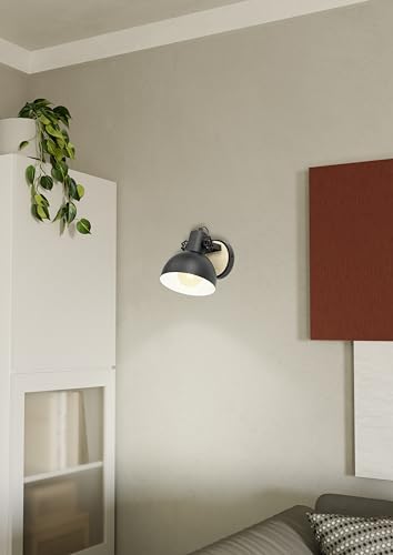 Eglo Indoor Wall lamp Lubenham, Vintage Wall Light in Industrial Design, Retro Wall Spotlight Made of Steel and Wood, Colour Black, Brown, Socket E27,