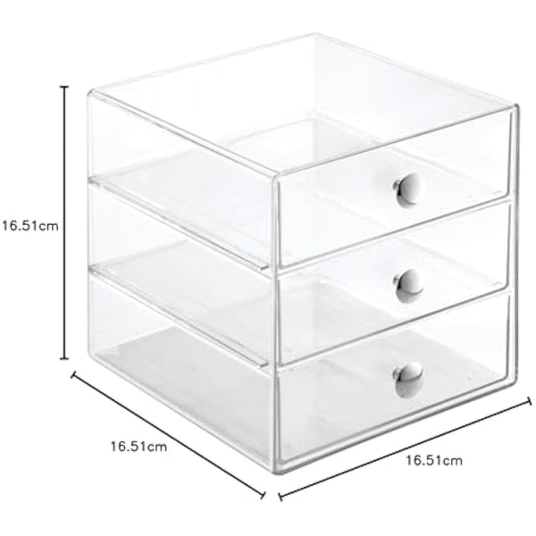 iDesign 35300 Makeup Organiser with Three Drawers, Sturdy Plastic Storage Box for Makeup, Accessories, Jewelry and More, Compact Dressing Table Organiser, Clear