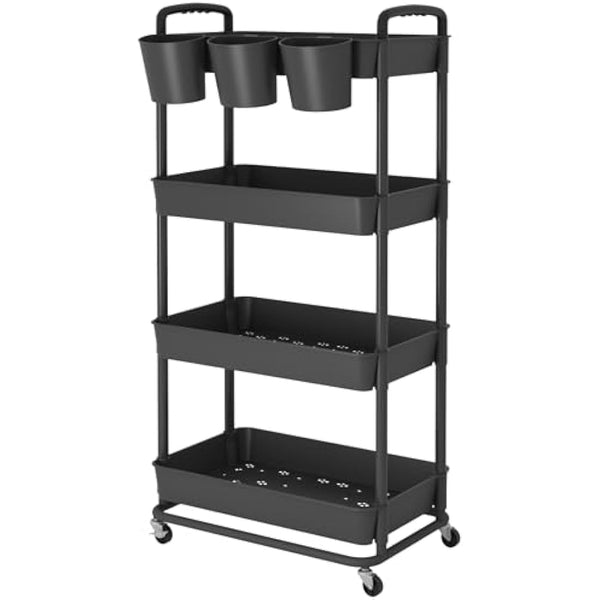 JIUYOTREE 4-Tier Plastic Rolling Storage Cart Utility Cart with Extra Hanging Cups Handles Lockable Wheels for Living Room Bathroom Kitchen Office Black