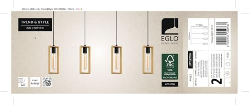 EGLO Pendant lighting Littleton, 4 light vintage hanging lamp in industrial design, retro ceiling light made of black metal and natural wood, E27socket, FSC certified