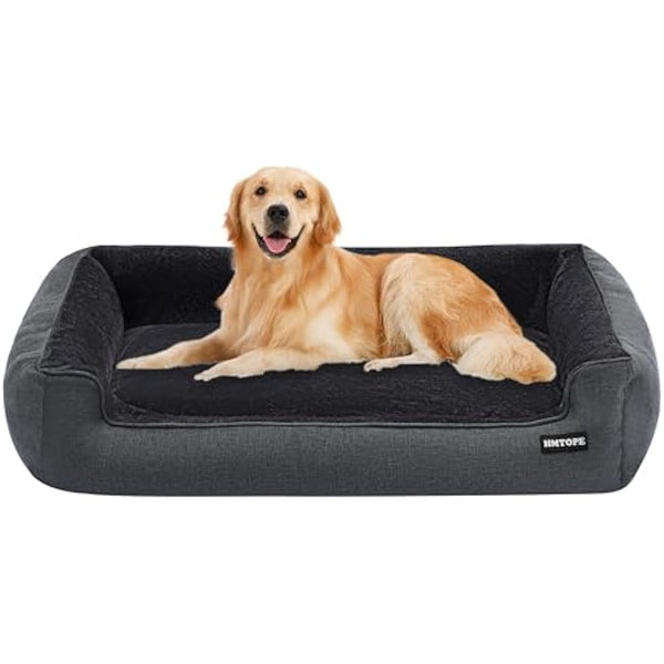 HMTOPE Dog Bed with Removable Cover, Washable Dog Sofa, Soft Dog Crate Mattress, Cat Pet Cushion for Small/Medium/Large Dogs, Dark Grey, 110 x 86 x 26 cm