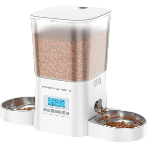 HoneyGuaridan 3.5L Automatic Cat Feeder for Two Cats, Food Dispenser With Stainless Steel Bowl, Timed Programmable 1-6 Meals Control, Dual Power Supply, 10s Meal Call