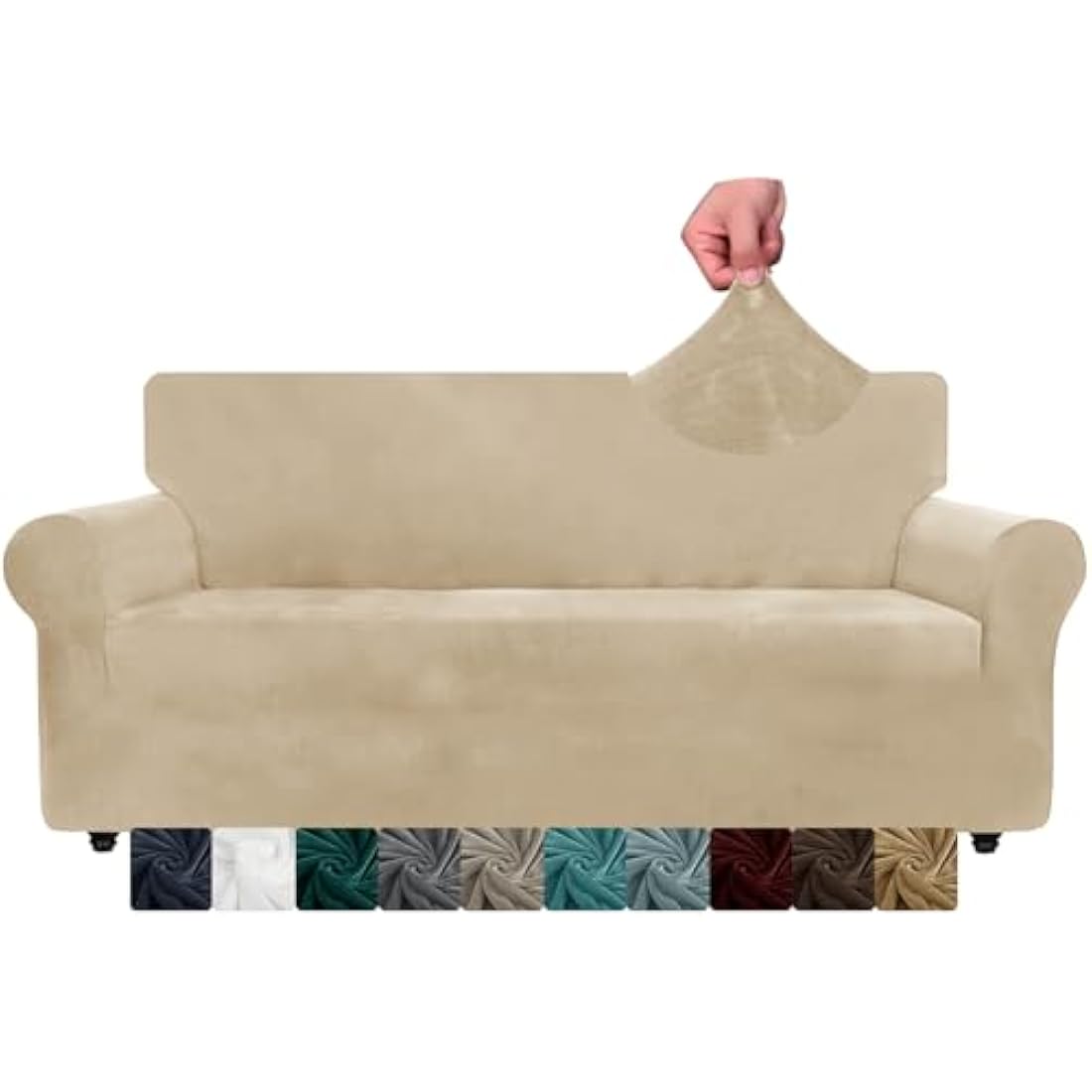 XINEAGE 1 Piece Velvet Couch Covers for 3 Cushion Couch Living Room High Stretch Sofa Cover Pets Dogs Friendly Anti Slip Thickened Slipcovers Furniture Protector (3 Seater, Camel)