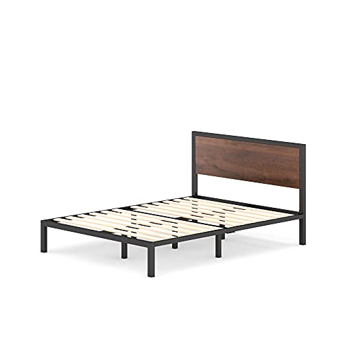 Zinus Mory Single Bed frame - Bed 90x190 cm - 30 cm Height - Metal and Wood Platform Bed frame with Wood slat support - Brown and Black