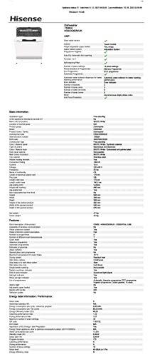 Hisense HS622E90WUK Freestanding Standard Dishwasher 85cm High - E Rated, White, 24 x 23 x 33 inches (L x W x H) [Energy Class E]