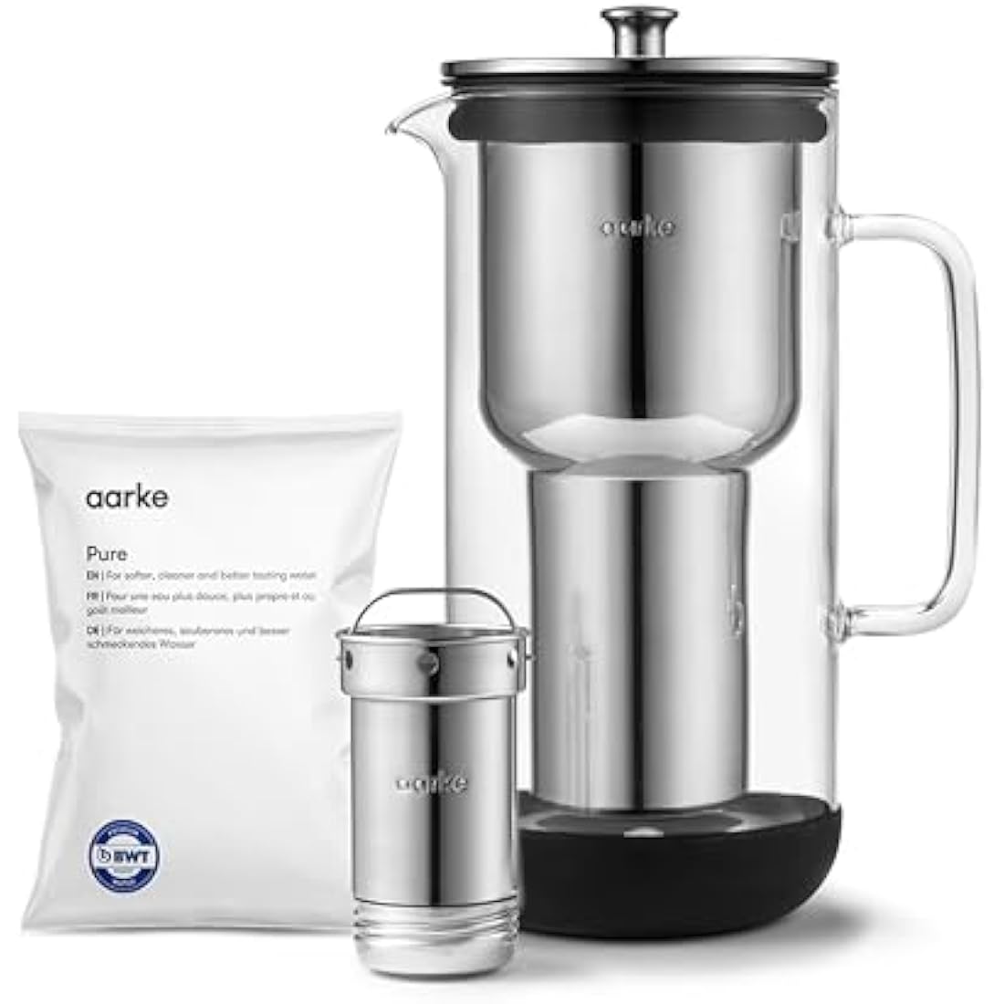 Aarke Purifier Water Filter Jug 1.2L/5 cups Glass & Stainless Steel – Includes Pure Filter Refill Bag
