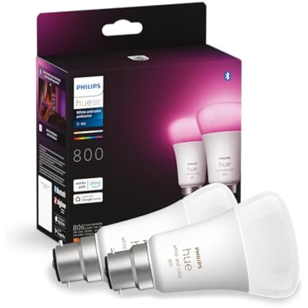 Philips Hue White and Colour Ambiance Smart Bulb Twin Pack LED [B22 Bayonet Cap] - 806 Lumens 60W Equivalent. for Home Indoor Lighting, Livingroom and Bedroom, 2 Count (Pack of 1)