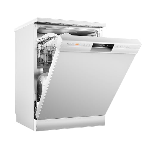COMFEE' Freestanding Dishwasher FD1435E-X with 14 place settings, Full Size, Whisper Quiet 44dB, Wide LED Display, Delay Start, Half Load Function, Flexible Racks, Stainless Steel