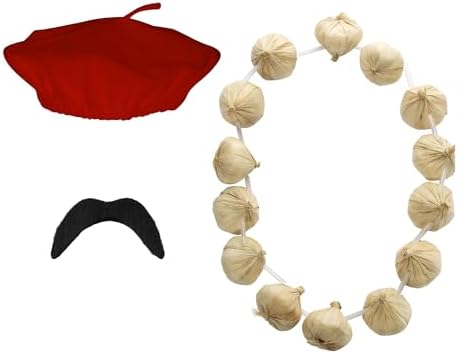 Adult Unisex French Day 3 Pieces Beret Moustache & Onion Garland Fancy Dress Set Costume