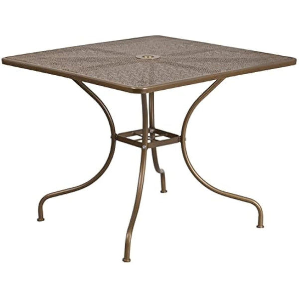Flash Furniture Oia Commercial Grade 35.5" Square Gold Indoor-Outdoor Steel Patio Table with Umbrella Hole
