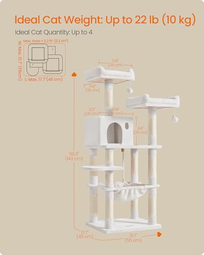 Feandrea Cat Tree, 143 cm Cat Tower for Indoor Cats, Multi-Level Plush Cat Condo with 11 Scratching Posts, Perches, Cave, Hammock, Pompoms, Cream